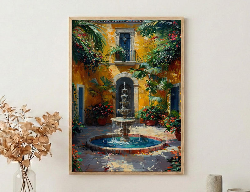 Sunlit Colonial Courtyard Poster, Mexican Hacienda Home Decor - Stone Fountain Tropical Plant Summer