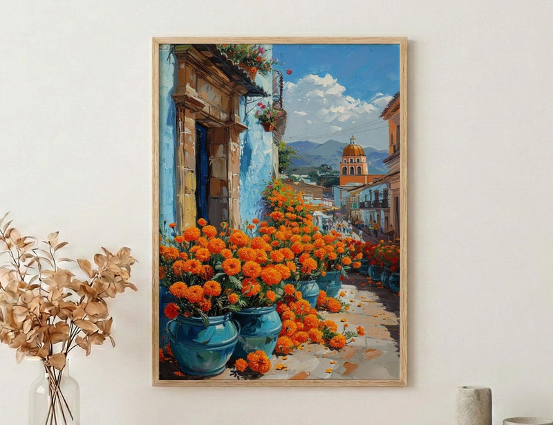 Oaxaca Market Poster, Orange Marigold Wall Decor - Floral Street Art