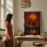 Giraffe Sunset Art Print, African Savanna Decor - Golden Grass Landscape