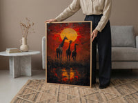 Giraffe Sunset Art Print, African Savanna Decor - Golden Grass Landscape