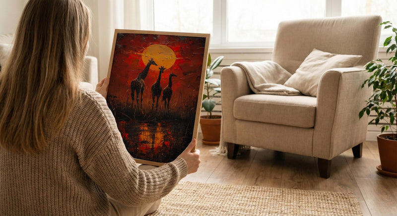 Giraffe Sunset Art Print, African Savanna Decor - Golden Grass Landscape