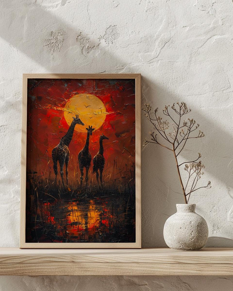 Giraffe Sunset Art Print, African Savanna Decor - Golden Grass Landscape