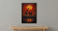 Giraffe Sunset Art Print, African Savanna Decor - Golden Grass Landscape
