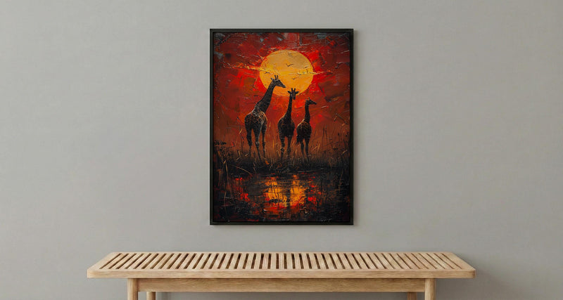Giraffe Sunset Art Print, African Savanna Decor - Golden Grass Landscape