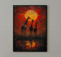 Giraffe Sunset Art Print, African Savanna Decor - Golden Grass Landscape