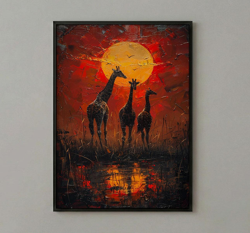 Giraffe Sunset Art Print, African Savanna Decor - Golden Grass Landscape