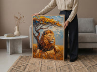 African Lion Wall Art, Acacia Tree Decor - Summer Savanna Landscape