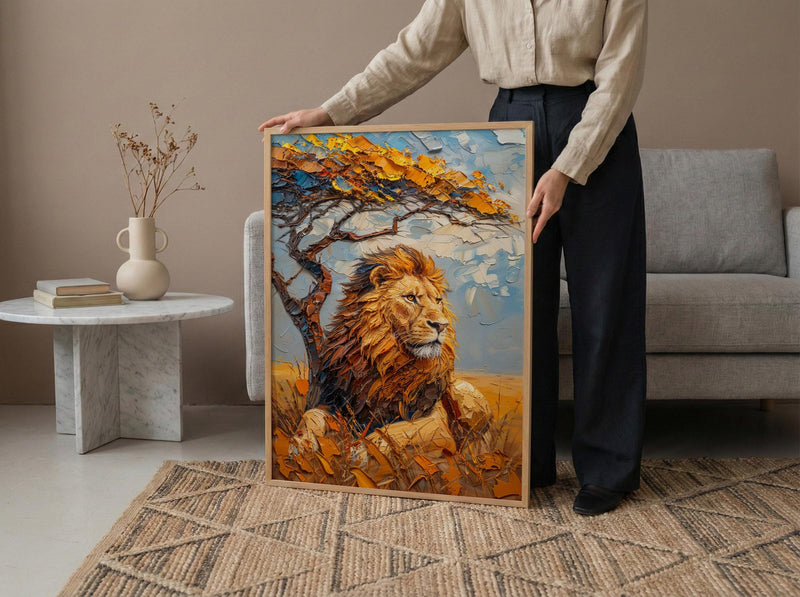 African Lion Wall Art, Acacia Tree Decor - Summer Savanna Landscape