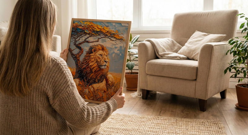 African Lion Wall Art, Acacia Tree Decor - Summer Savanna Landscape