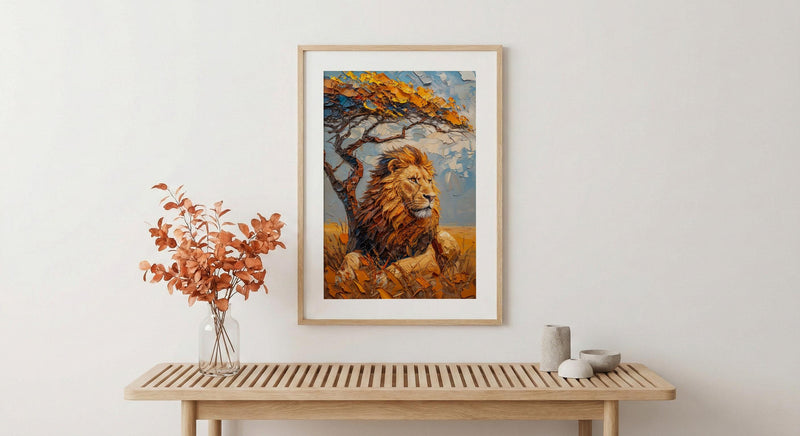 African Lion Wall Art, Acacia Tree Decor - Summer Savanna Landscape