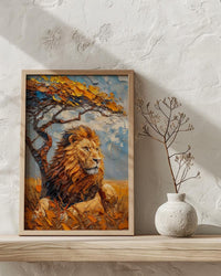 African Lion Wall Art, Acacia Tree Decor - Summer Savanna Landscape
