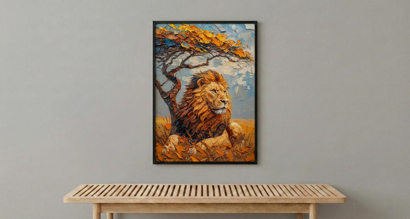 African Lion Wall Art, Acacia Tree Decor - Summer Savanna Landscape