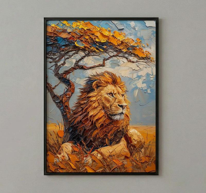 African Lion Wall Art, Acacia Tree Decor - Summer Savanna Landscape