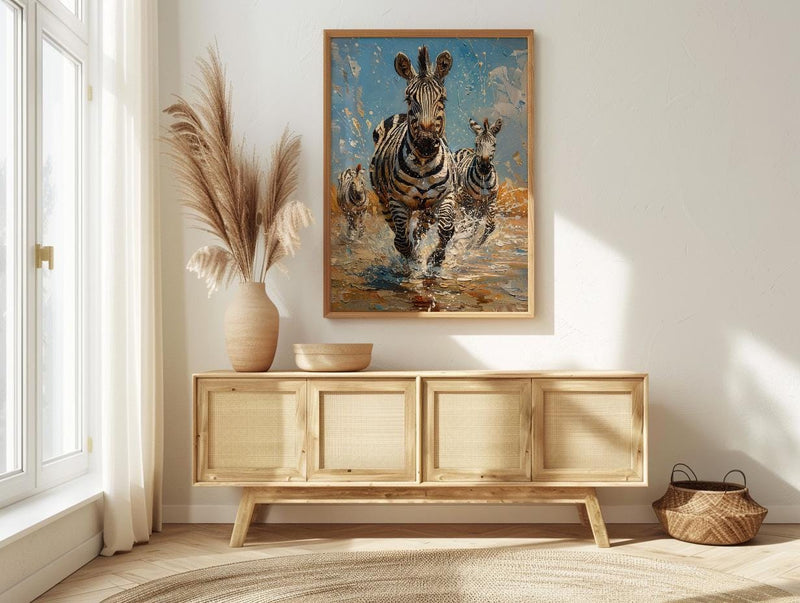 Zebra Herd Poster, African River Decor - Summer Wildlife Art