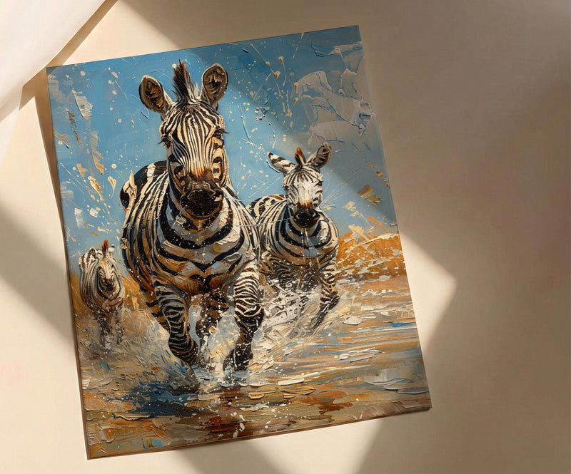 Zebra Herd Poster, African River Decor - Summer Wildlife Art