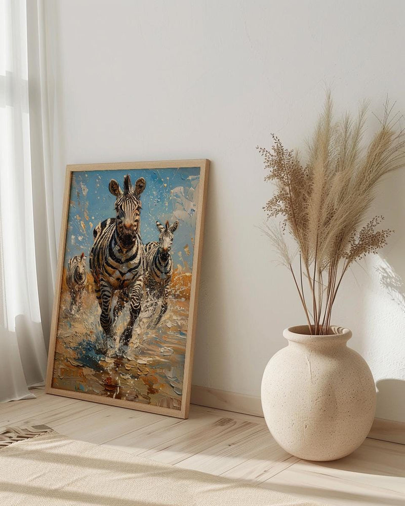 Zebra Herd Poster, African River Decor - Summer Wildlife Art