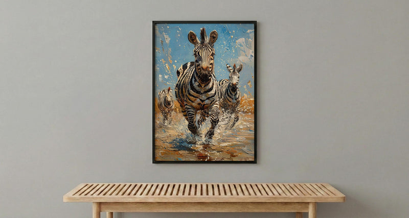 Zebra Herd Poster, African River Decor - Summer Wildlife Art