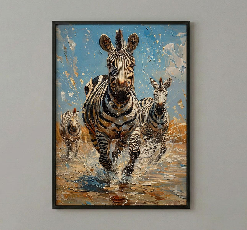 Zebra Herd Poster, African River Decor - Summer Wildlife Art
