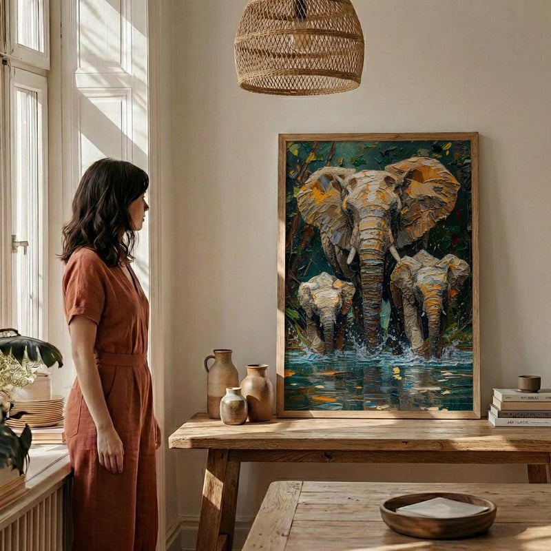 African Elephant Art Print, Lush Lake Decor - Summer Nature Landscape
