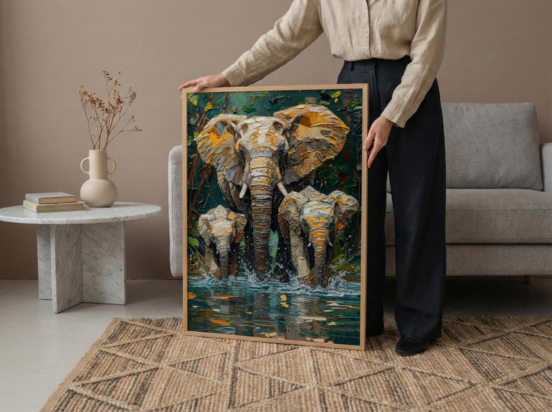 African Elephant Art Print, Lush Lake Decor - Summer Nature Landscape