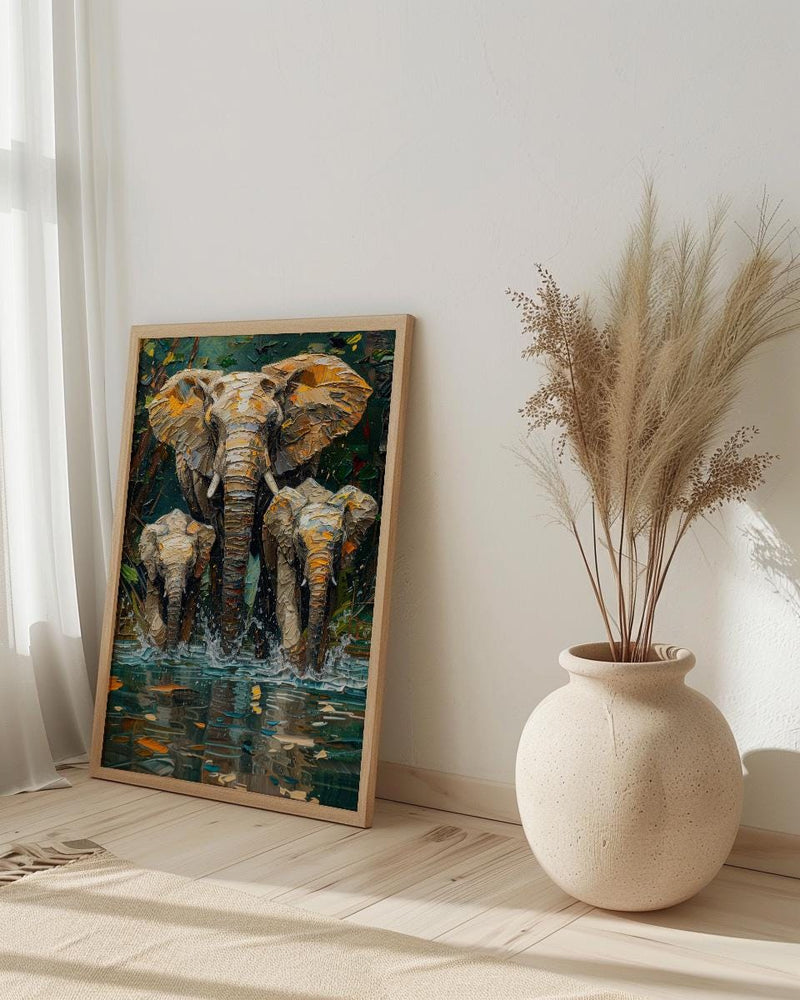 African Elephant Art Print, Lush Lake Decor - Summer Nature Landscape