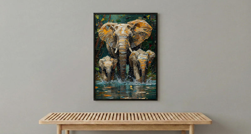 African Elephant Art Print, Lush Lake Decor - Summer Nature Landscape