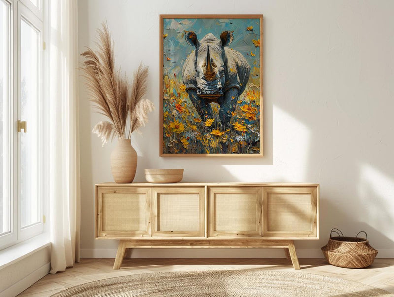 African Rhino Art Print, Blooming Meadow Decor - Summer Floral Landscape