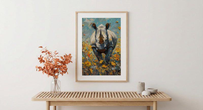 African Rhino Art Print, Blooming Meadow Decor - Summer Floral Landscape