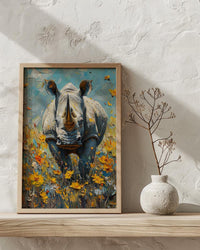 African Rhino Art Print, Blooming Meadow Decor - Summer Floral Landscape