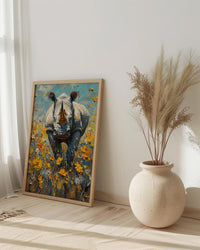 African Rhino Art Print, Blooming Meadow Decor - Summer Floral Landscape