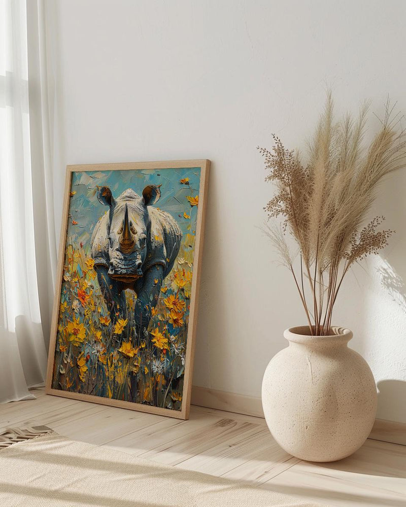 African Rhino Art Print, Blooming Meadow Decor - Summer Floral Landscape