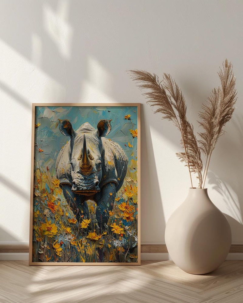 African Rhino Art Print, Blooming Meadow Decor - Summer Floral Landscape