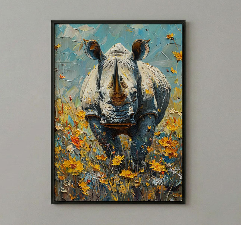 African Rhino Art Print, Blooming Meadow Decor - Summer Floral Landscape