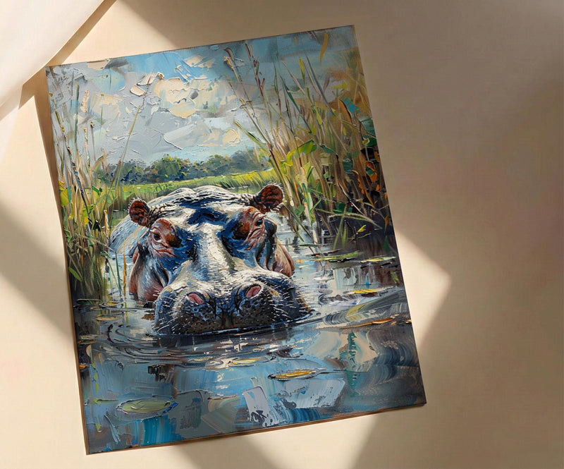 African Hippo Poster, River Reeds Decor - Green Nature Landscape
