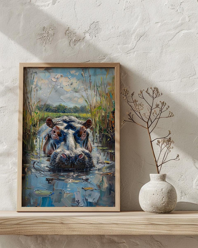 African Hippo Poster, River Reeds Decor - Green Nature Landscape