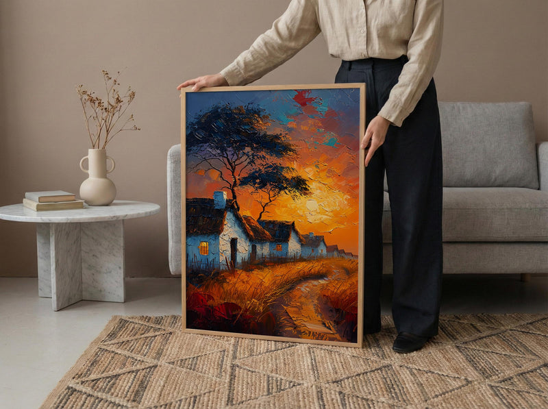 Savanna Village Wall Art, African Hut Decor - Summer Sunset Landscape