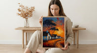 Savanna Village Wall Art, African Hut Decor - Summer Sunset Landscape