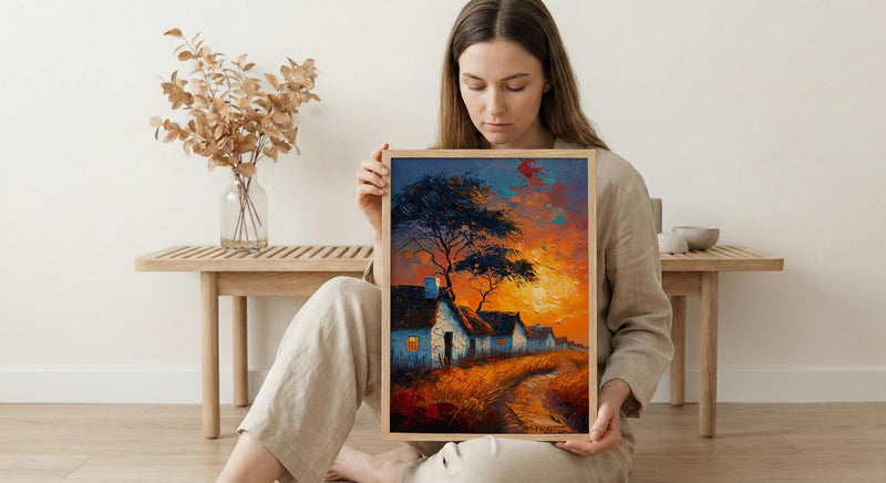 Savanna Village Wall Art, African Hut Decor - Summer Sunset Landscape