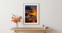 Savanna Village Wall Art, African Hut Decor - Summer Sunset Landscape