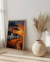 Savanna Village Wall Art, African Hut Decor - Summer Sunset Landscape