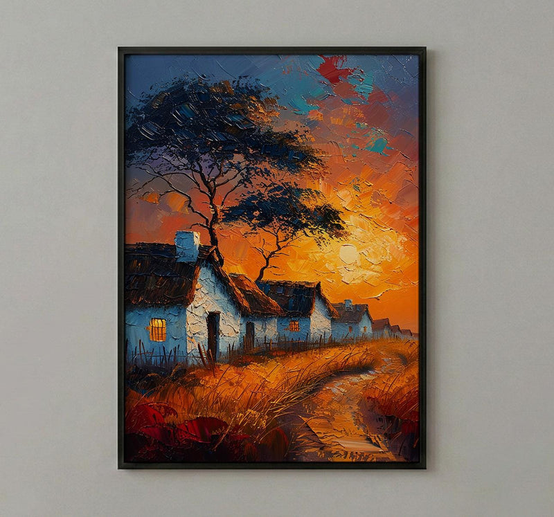 Savanna Village Wall Art, African Hut Decor - Summer Sunset Landscape