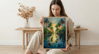 Desert Oasis Poster, Lush Palm Tree Decor - Shimmering Pool Landscape