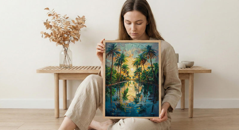 Desert Oasis Poster, Lush Palm Tree Decor - Shimmering Pool Landscape
