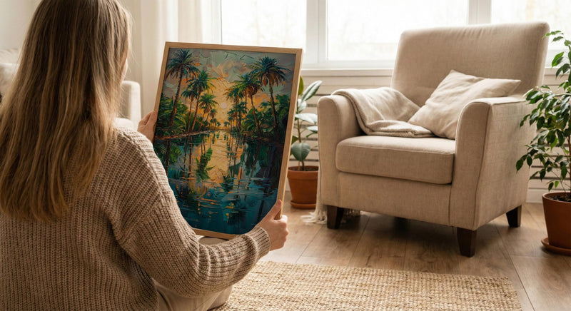 Desert Oasis Poster, Lush Palm Tree Decor - Shimmering Pool Landscape