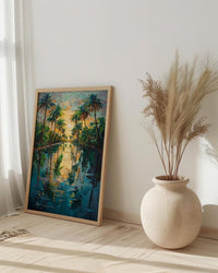 Desert Oasis Poster, Lush Palm Tree Decor - Shimmering Pool Landscape