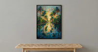 Desert Oasis Poster, Lush Palm Tree Decor - Shimmering Pool Landscape