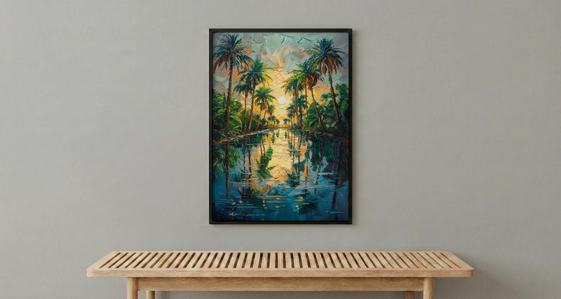 Desert Oasis Poster, Lush Palm Tree Decor - Shimmering Pool Landscape