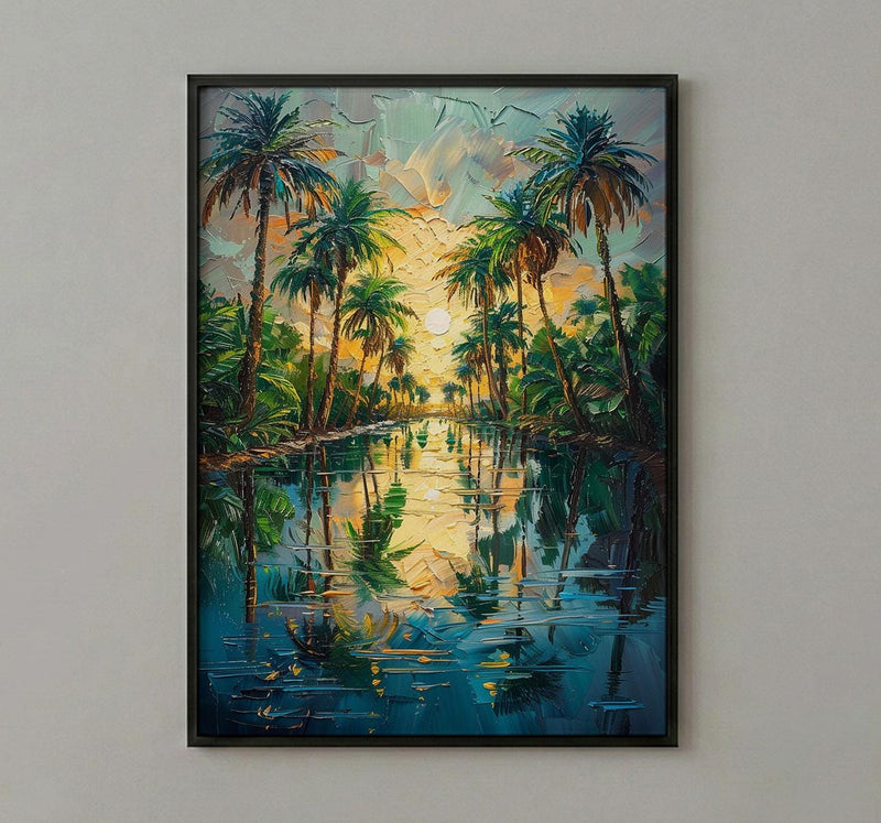 Desert Oasis Poster, Lush Palm Tree Decor - Shimmering Pool Landscape