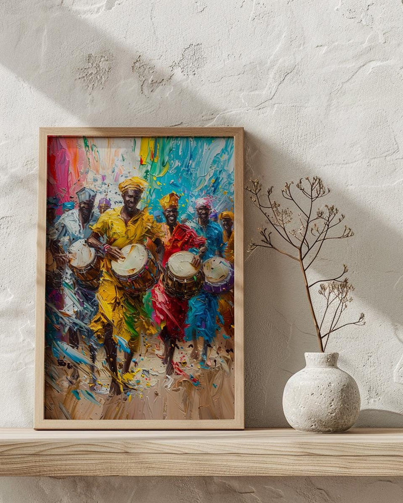 African Festival Drummers Wall Art, Colorful Summer Decor - Energetic Djembe Print