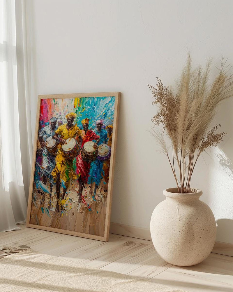 African Festival Drummers Wall Art, Colorful Summer Decor - Energetic Djembe Print
